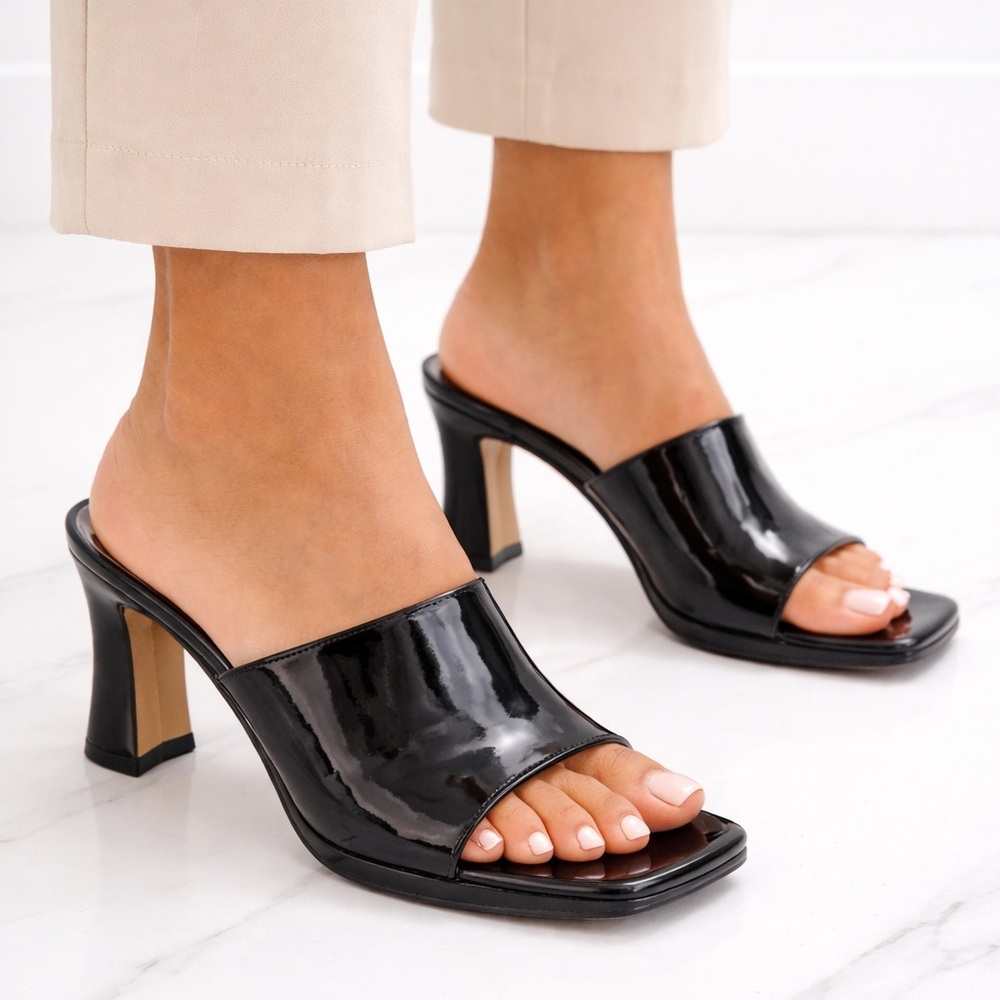 Nine West‎ Black Patent Open-Toe Slide Mules with Block Heel 7